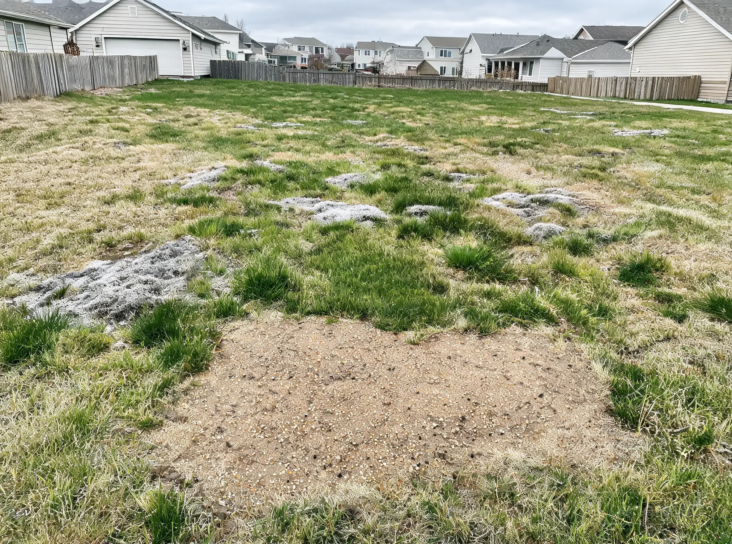 A patchy brown lawn with bare areas being repaired with seed in Saskatoon, SK
