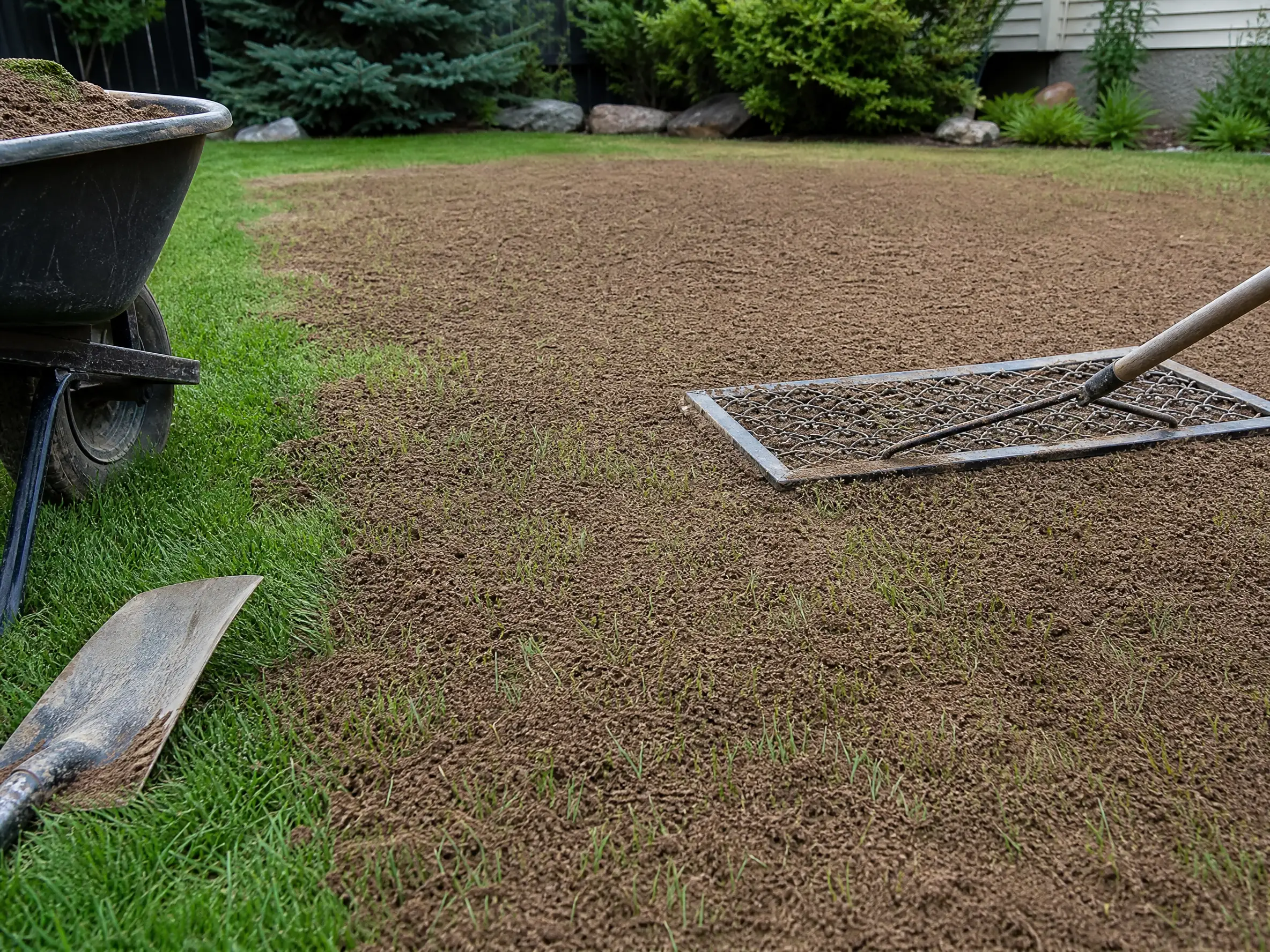 A lawn being topdressed with a soil mix and levelled with a drag mat in Saskatoon, SK