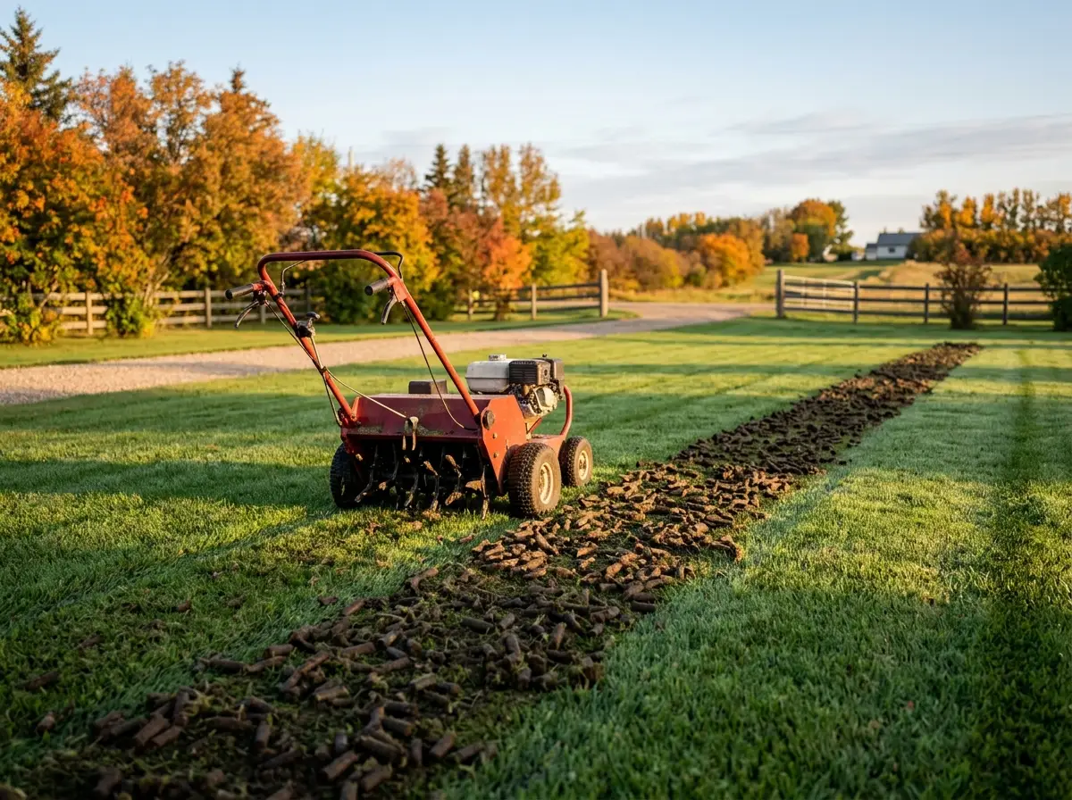 A core aerator pulling plugs from a lawn in early autumn in Saskatoon, SK