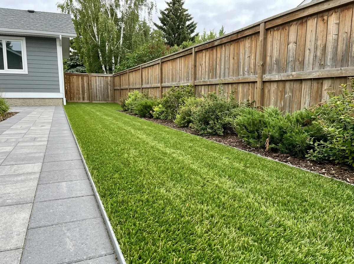 A synthetic turf pet run installed beside a fence in a Saskatoon, SK back yard