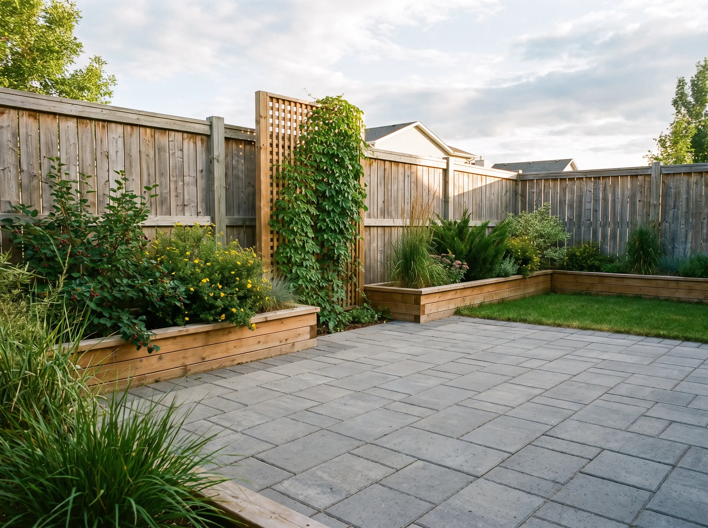A landscaped back yard with a paving stone patio and prairie-hardy shrubs in Saskatoon, SK
