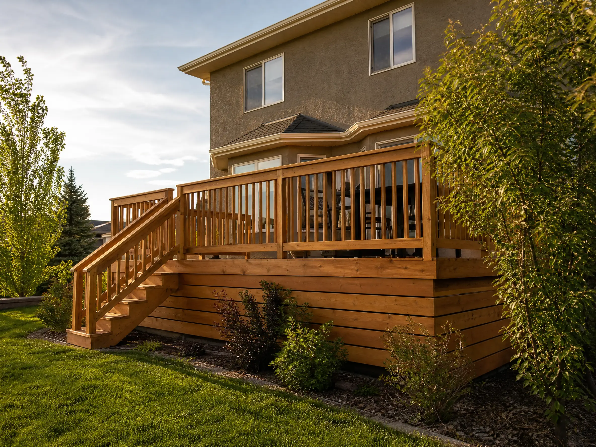A raised cedar deck with railings off the back of a house in Saskatoon, SK