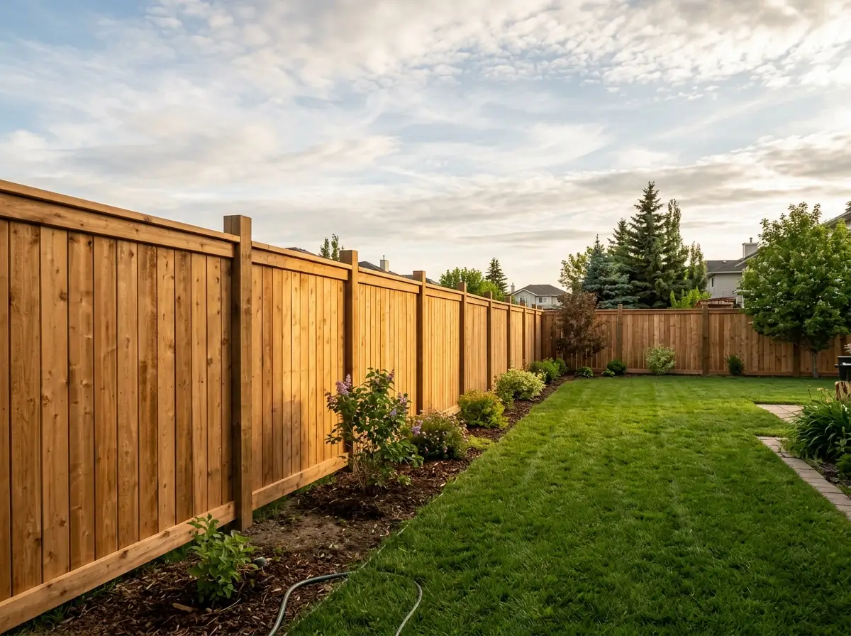 A new cedar privacy fence running along a back property line in Saskatoon, SK