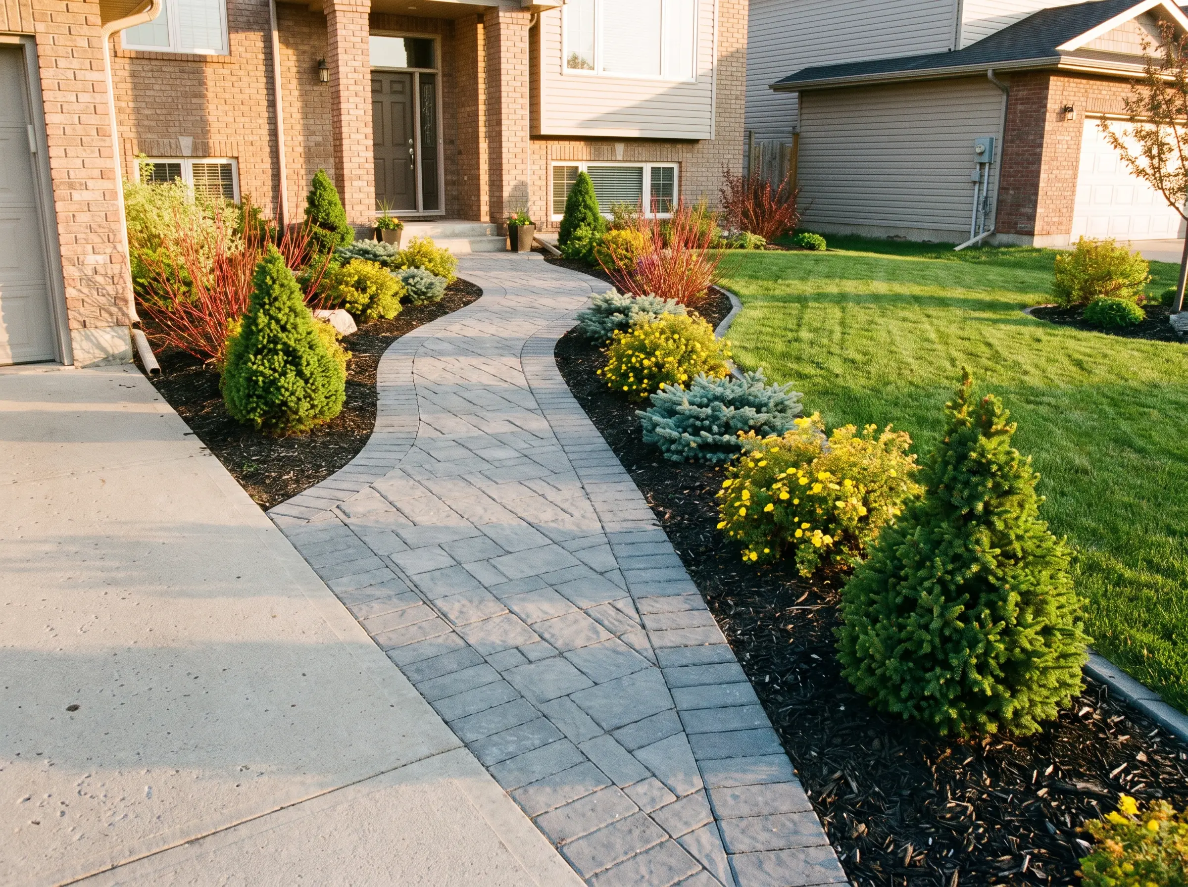 A front yard with a paving stone walkway and hardy shrub beds in Saskatoon, SK