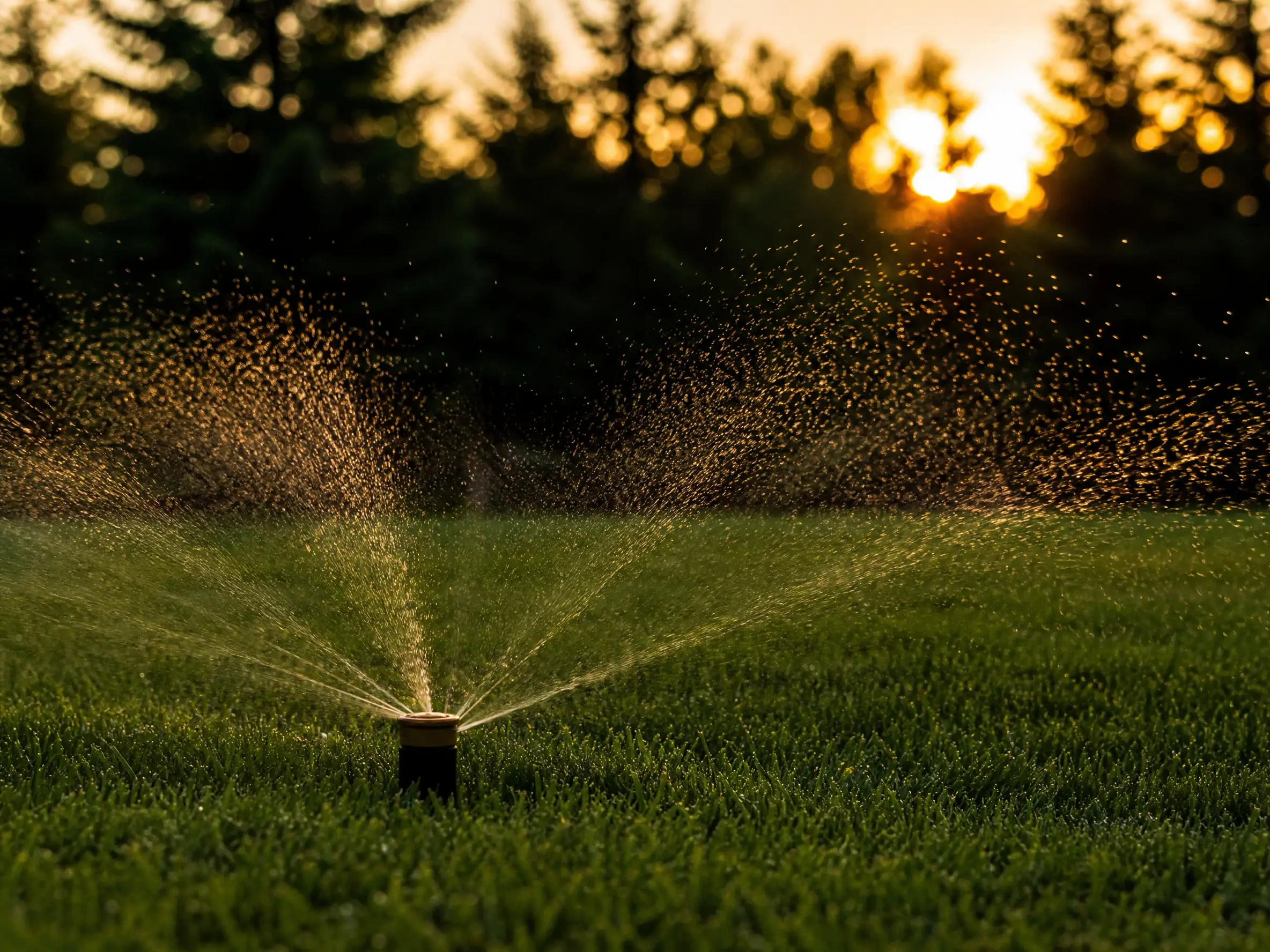 A pop-up sprinkler head watering a green lawn at dusk in Saskatoon, SK