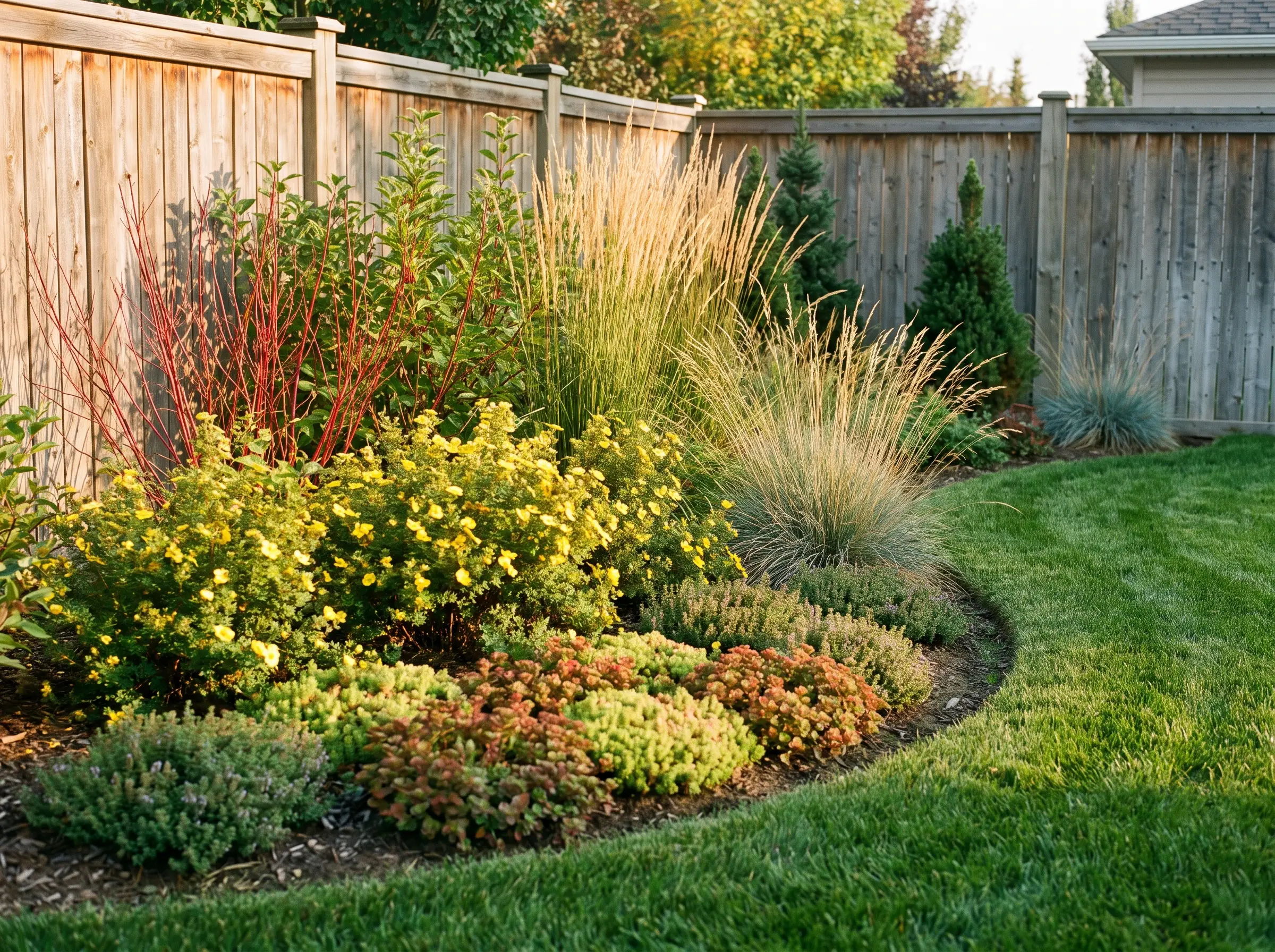 A designed back yard with layered prairie-hardy planting beds in Saskatoon, SK