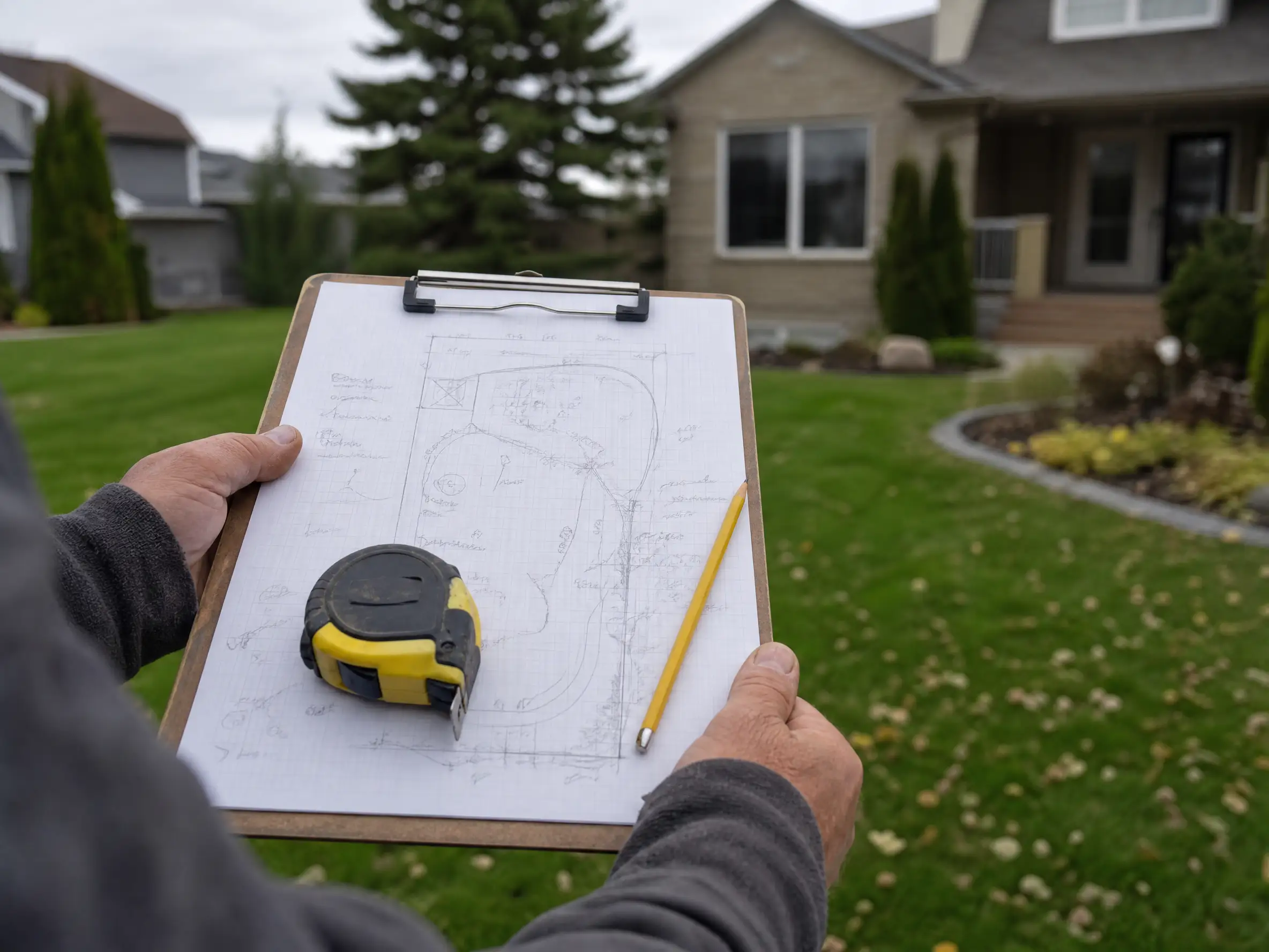 A landscaper measuring a residential front yard during a quote visit in Saskatoon, SK