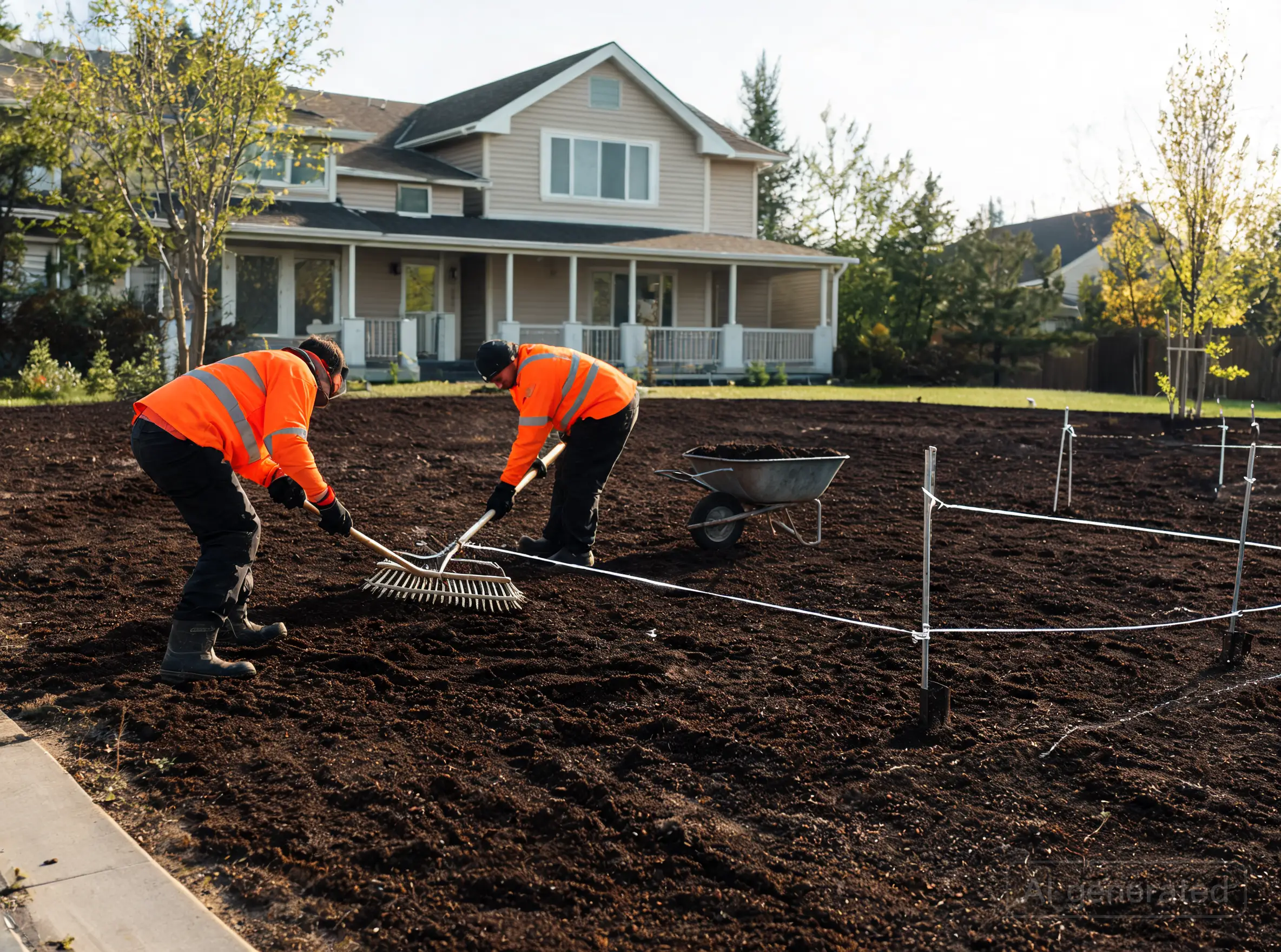 A landscaping crew grading and preparing a residential yard in Saskatoon, SK