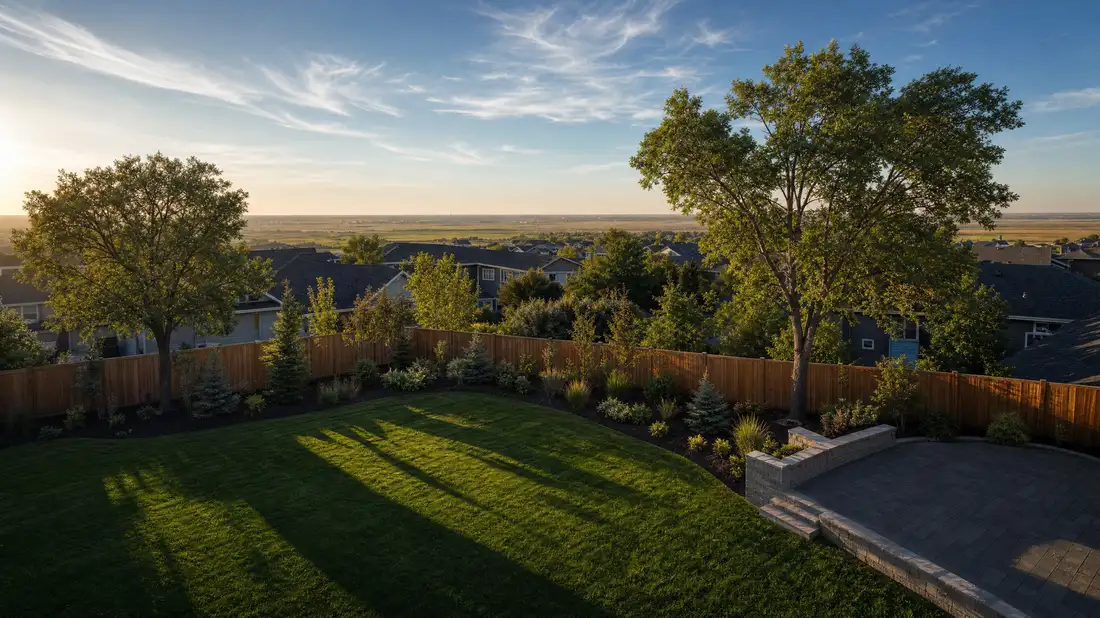 An aerial view of a finished Saskatoon backyard at golden hour, with mown lawn, a paving stone patio, a low retaining wall and hardy shrub beds against the prairie horizon
