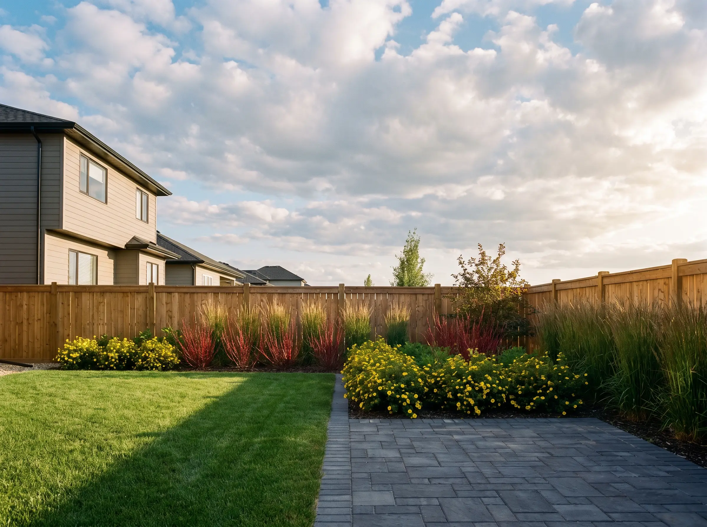 A finished residential landscape with lawn, paving stone patio and hardy shrub beds in Saskatoon, SK