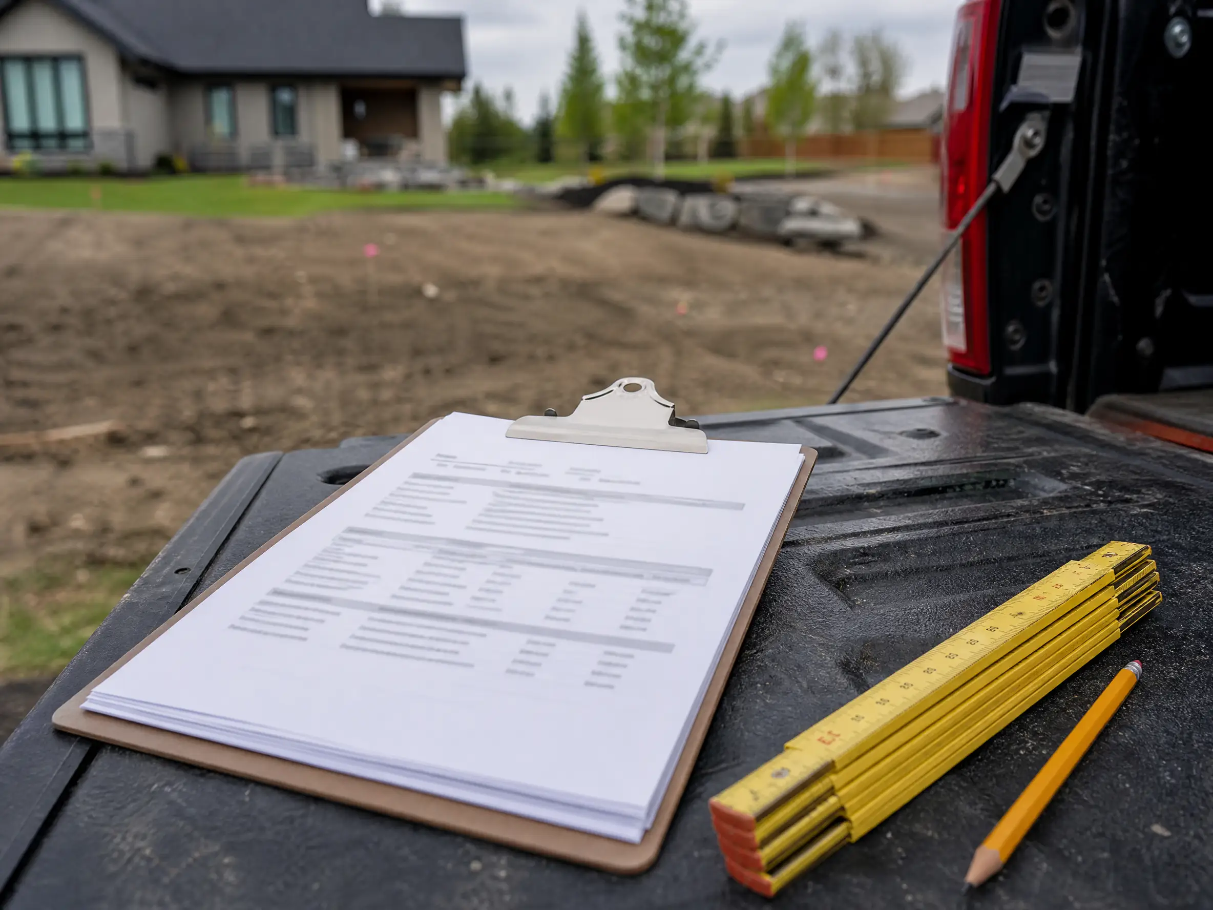 A written landscaping quote on a clipboard beside a partly graded yard in Saskatoon, SK