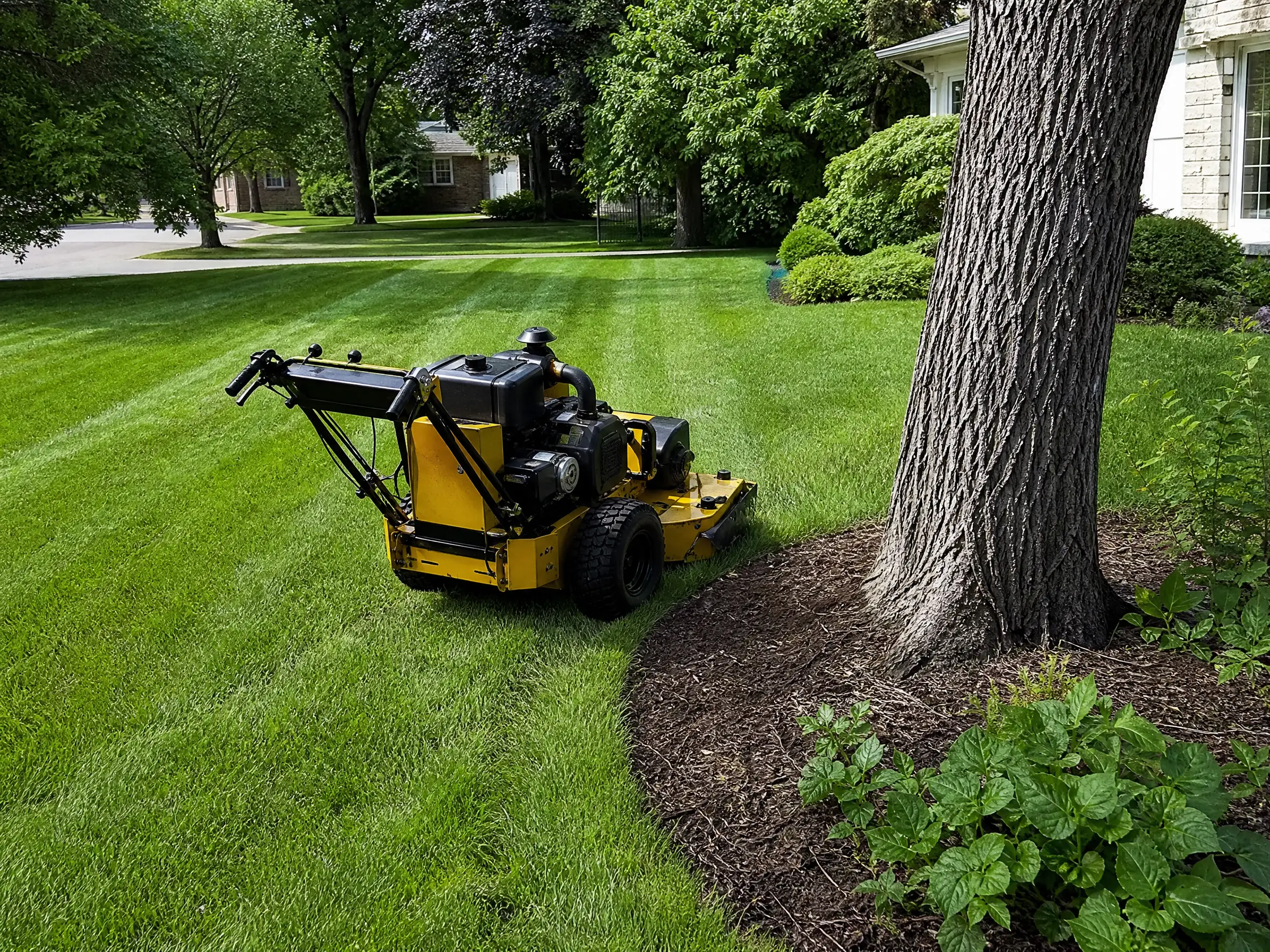 A mower cutting a residential lawn around mature trees and beds in Saskatoon, SK