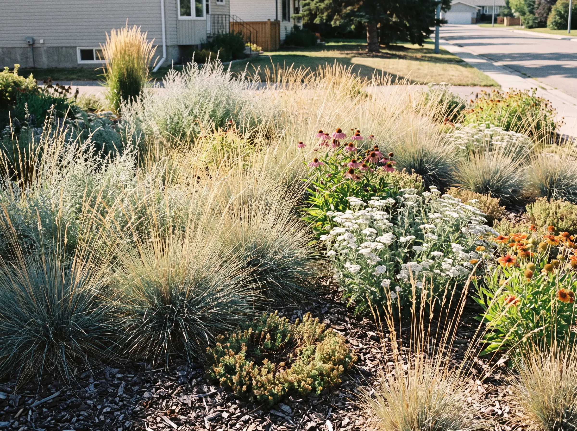 A xeriscaped front bed of drought-tolerant grasses and shrubs in Saskatoon, SK