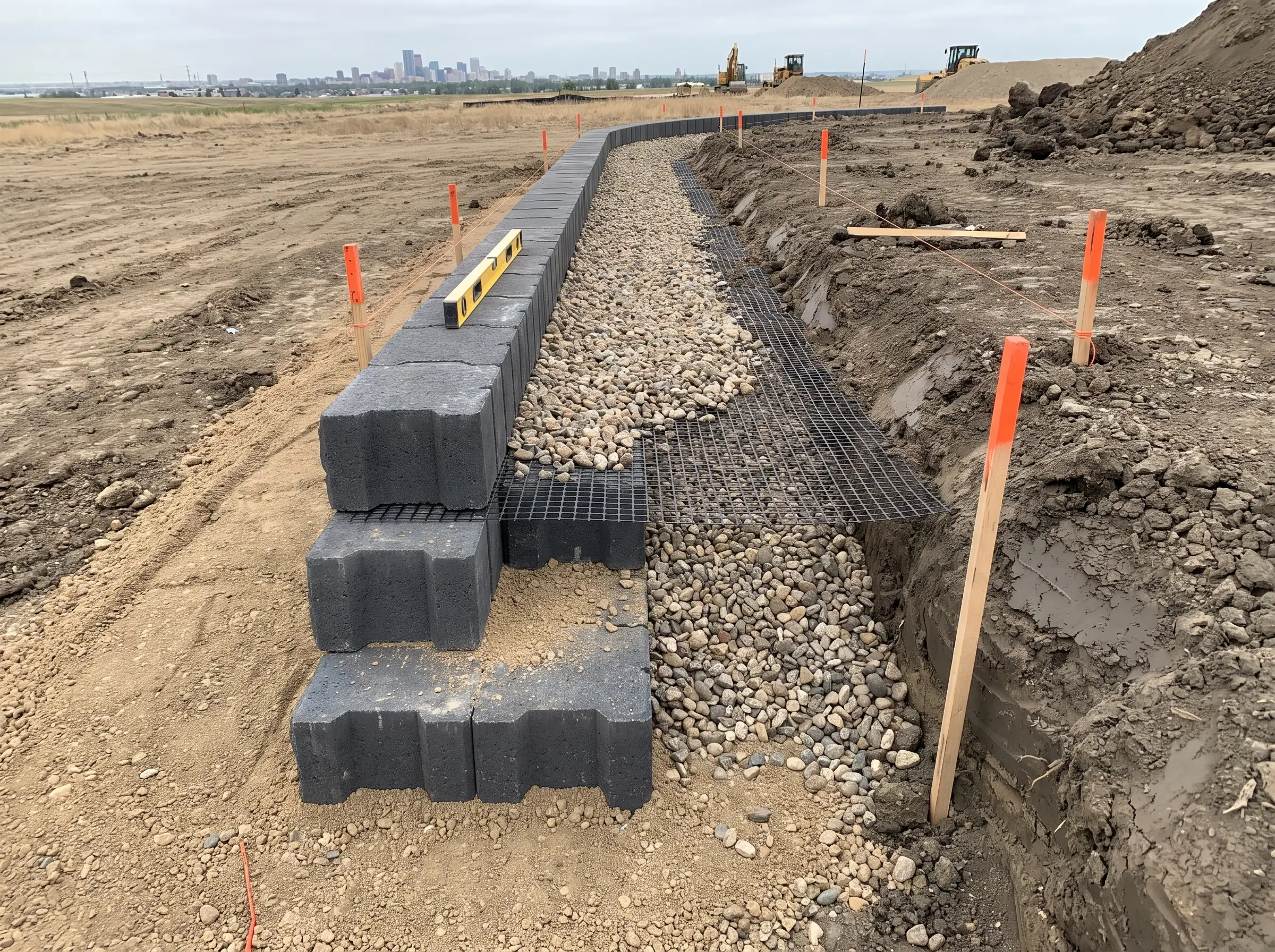 A block retaining wall under construction showing drainage gravel behind it in Saskatoon, SK