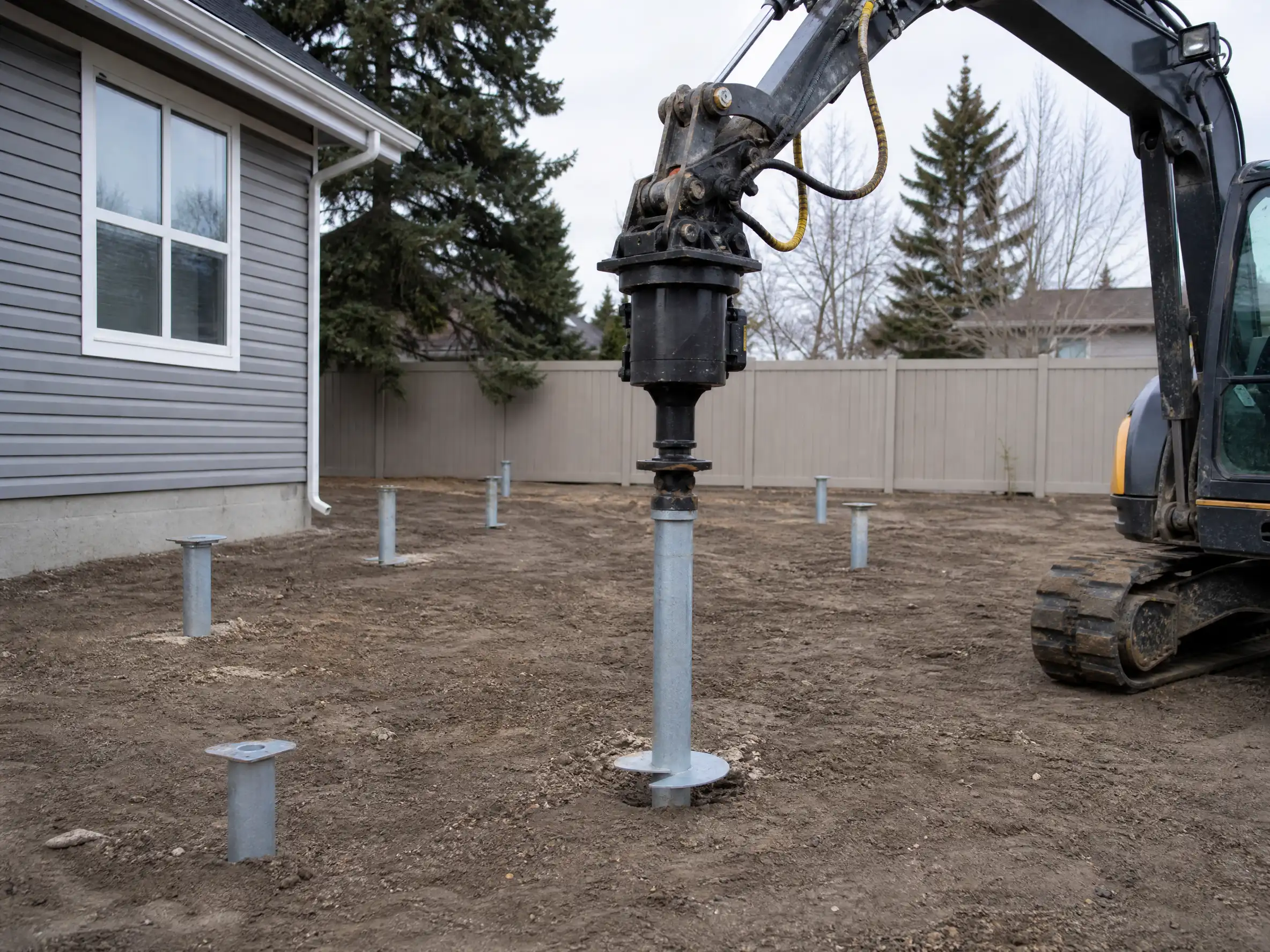 A helical screw pile being turned into the ground for a deck foundation in Saskatoon, SK