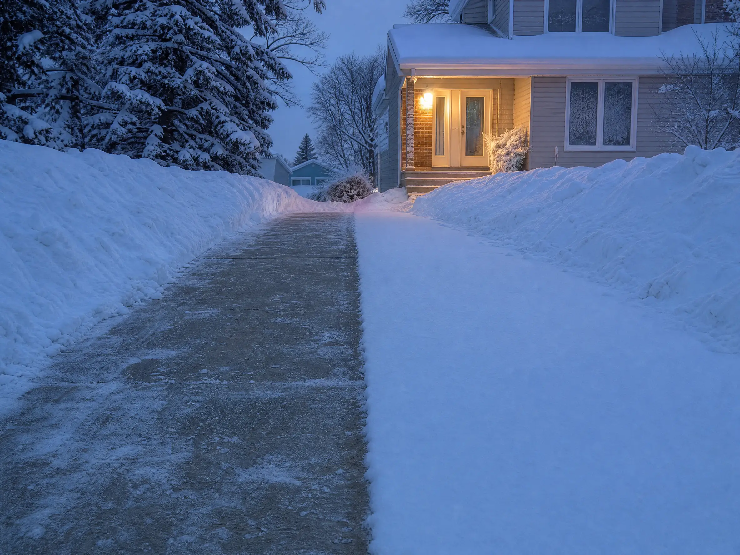 A snow-covered residential driveway partly cleared after a storm in Saskatoon, SK