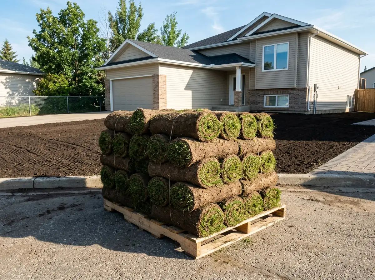A pallet of fresh sod rolls beside prepared topsoil on a Saskatoon, SK lot