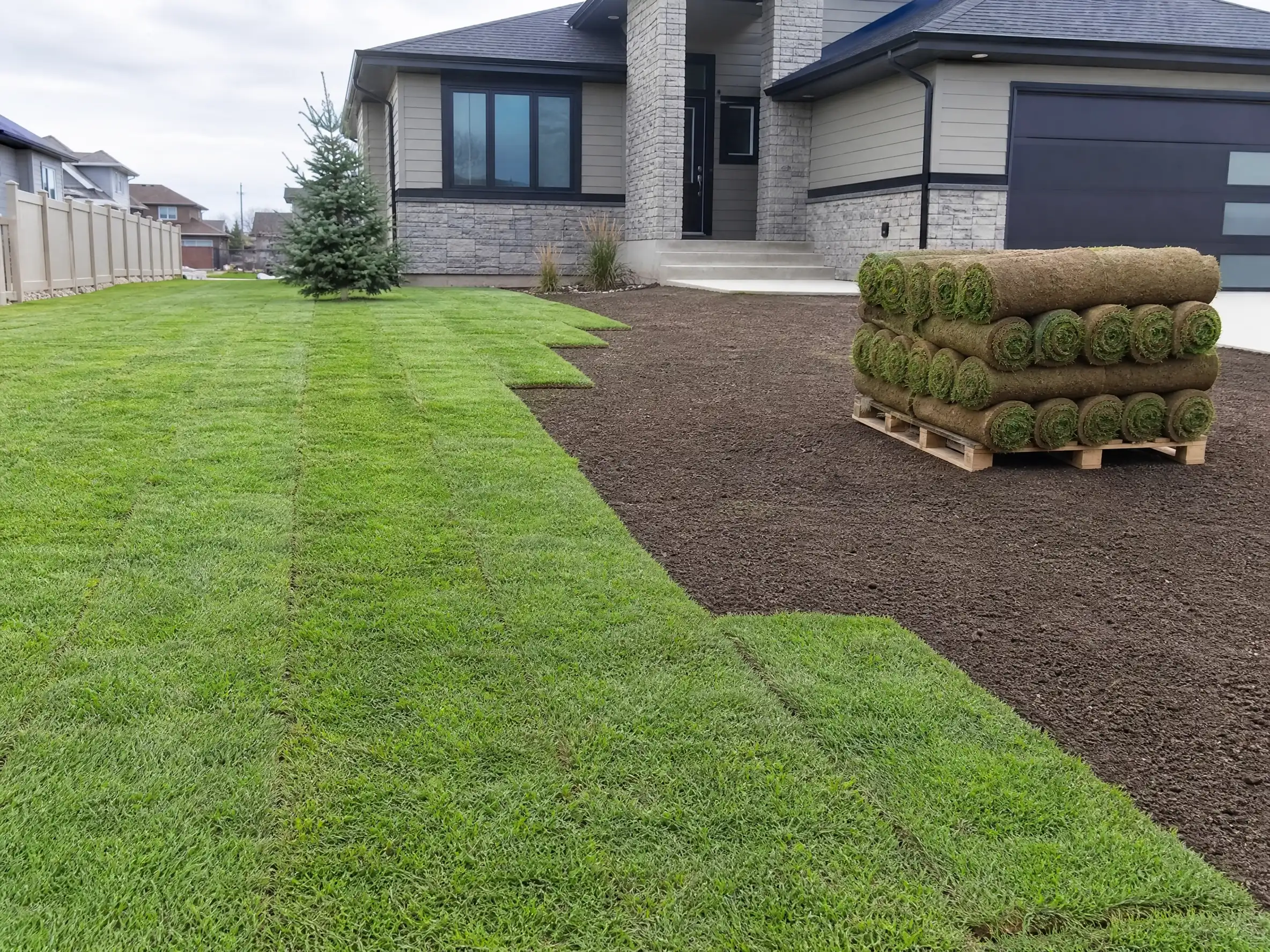 Fresh rolls of sod being laid over prepared topsoil on a Saskatoon, SK yard