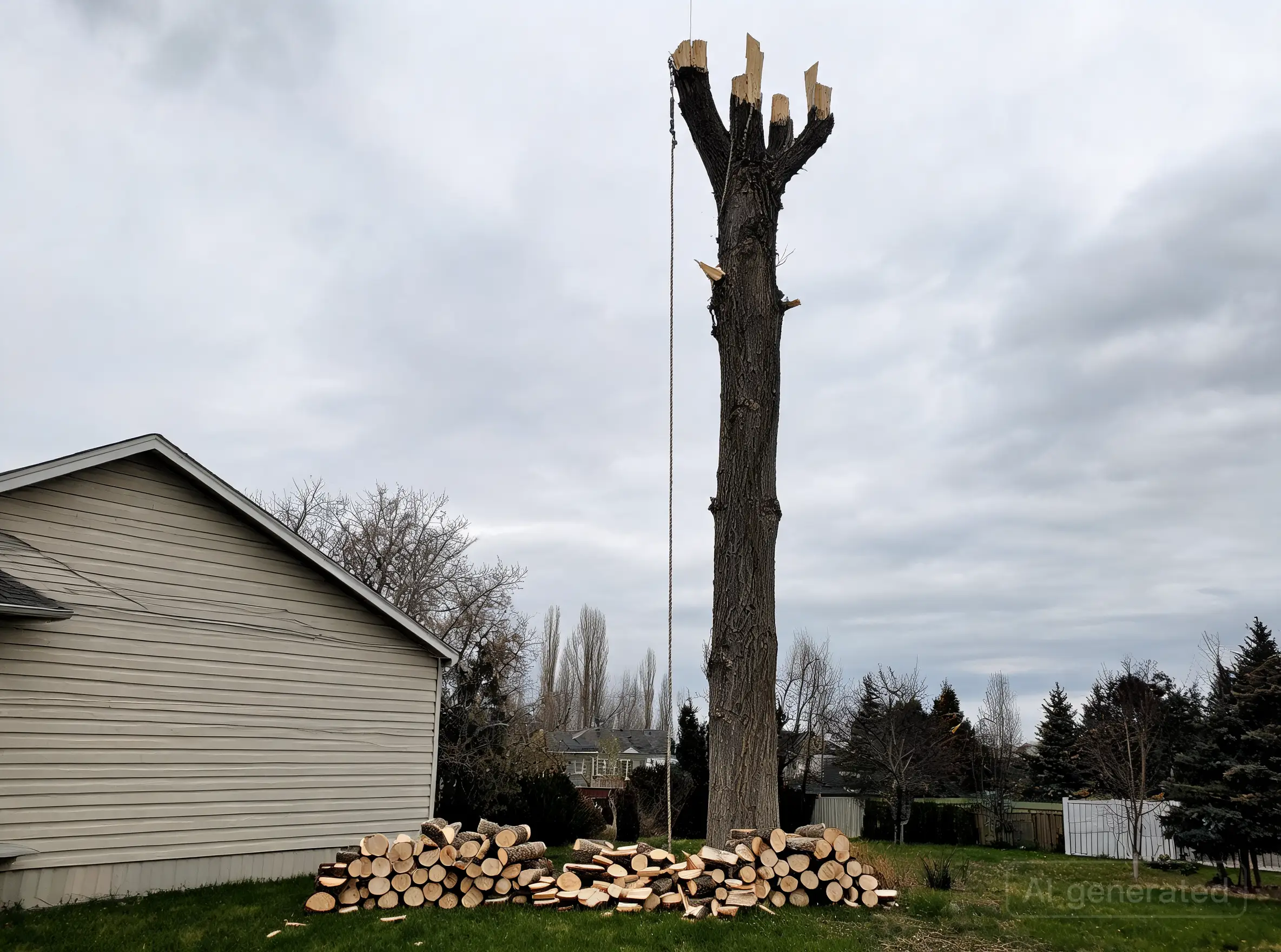 A large poplar being taken down in sections beside a house in Saskatoon, SK